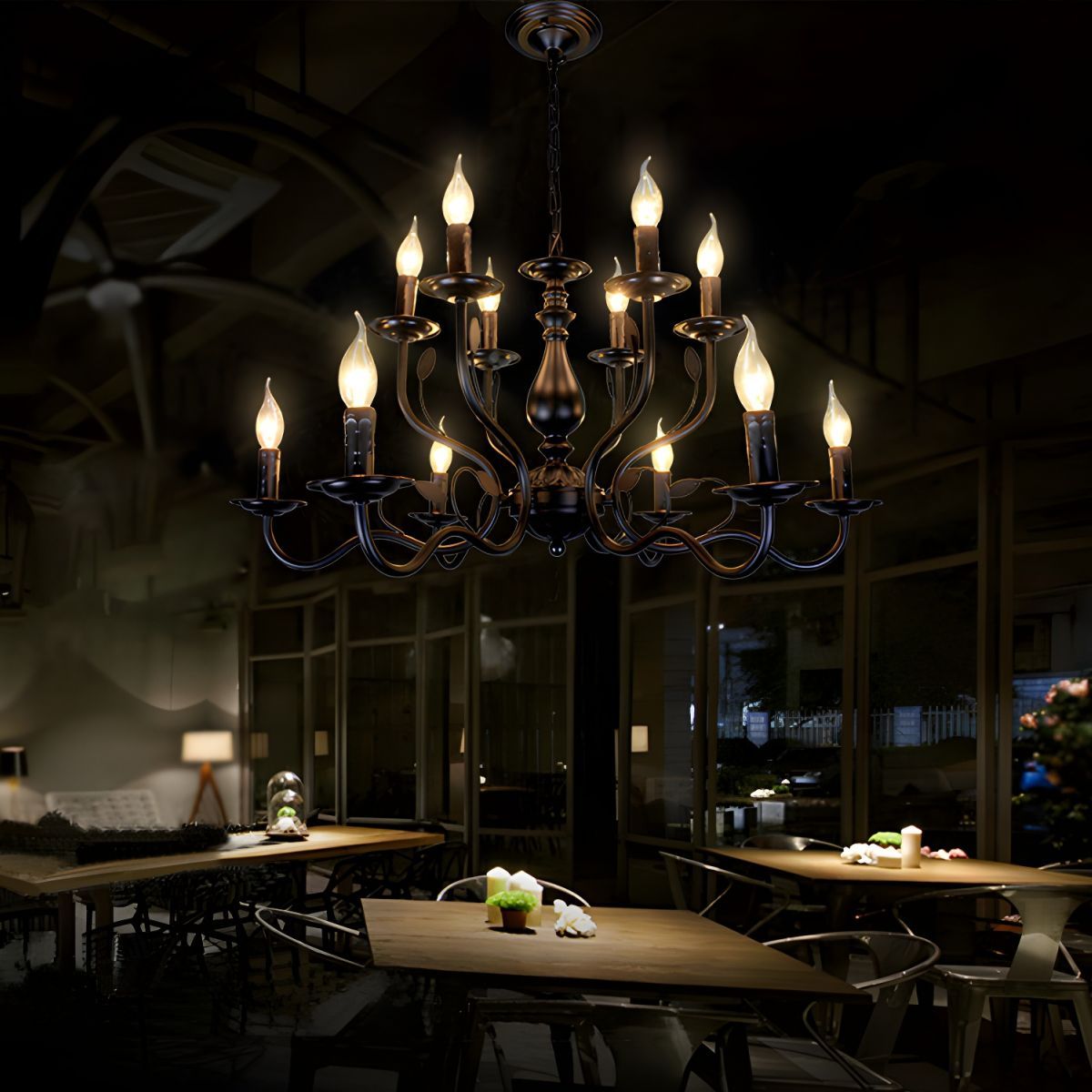 Black candle chain chandelier, dining room lighting