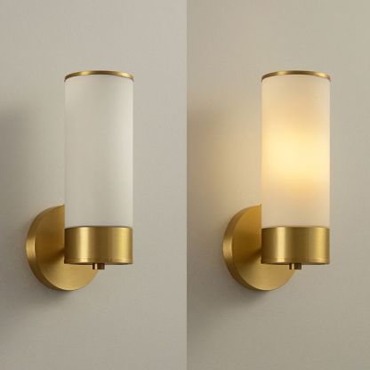 Brass cylinder bedside wall lamp with glass shade, on and off