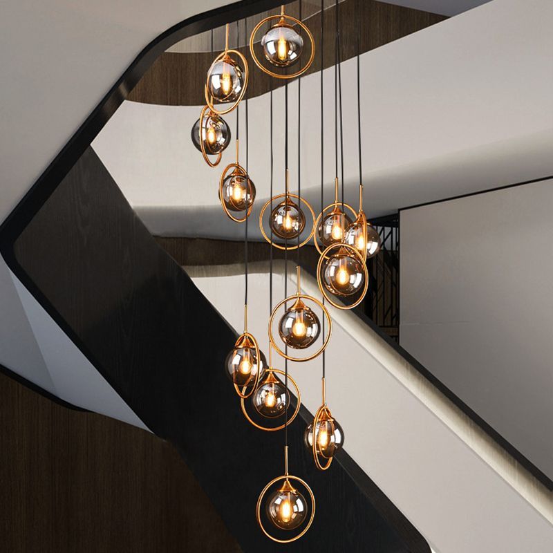 Hailie Modern Spiral Ball Glass Chandelier over Staircase