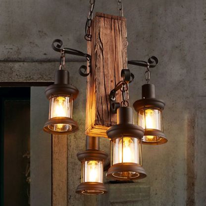 Rustic Austin pendant light with metal and glass lanterns