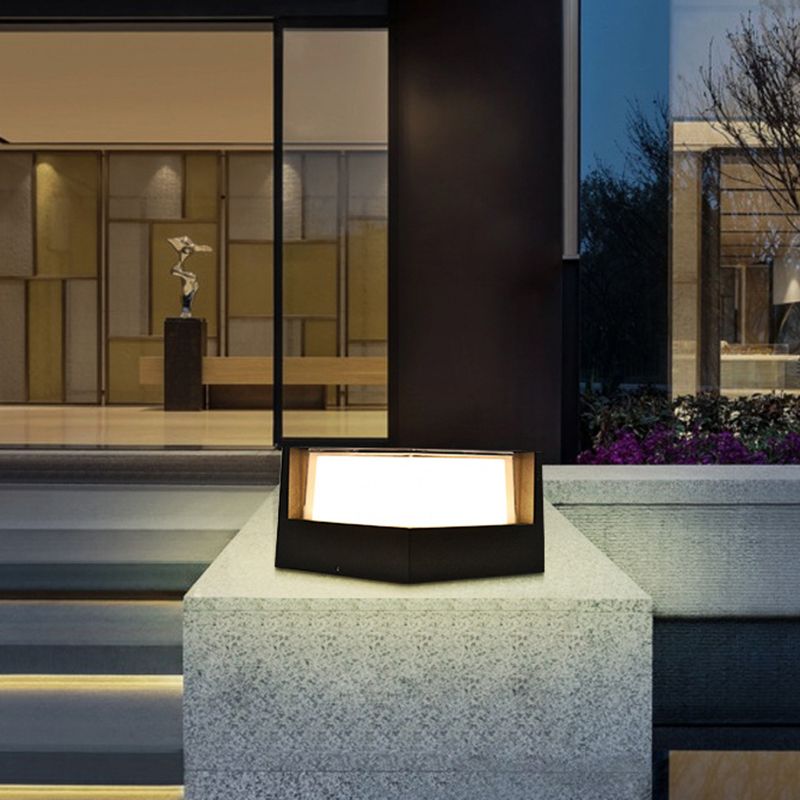 Modern outdoor pillar light, black cube design, Riley lamp