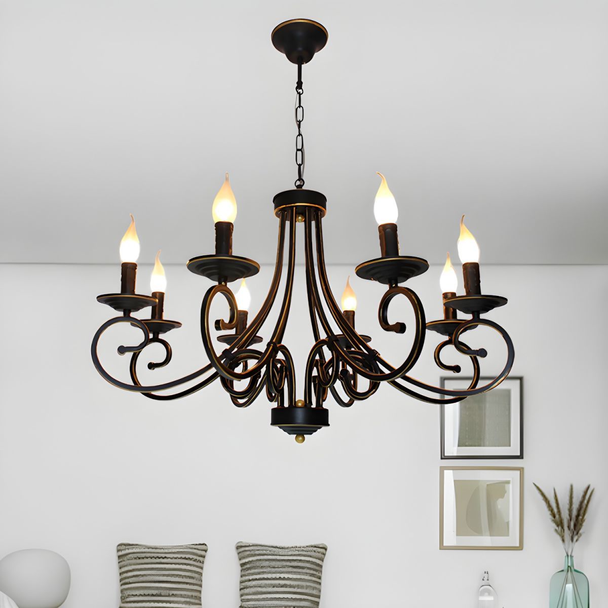 Black metal candle chandelier, ideal for dining rooms and living spaces