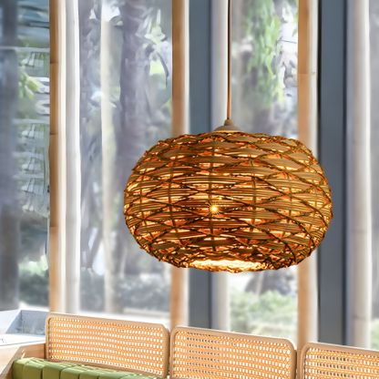 Boho rattan pendant light in a restaurant setting