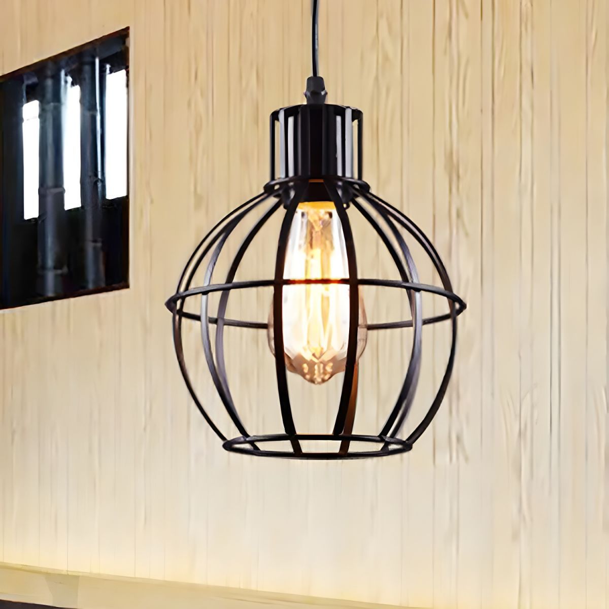 Industrial cage pendant light, black metal, Alessio style