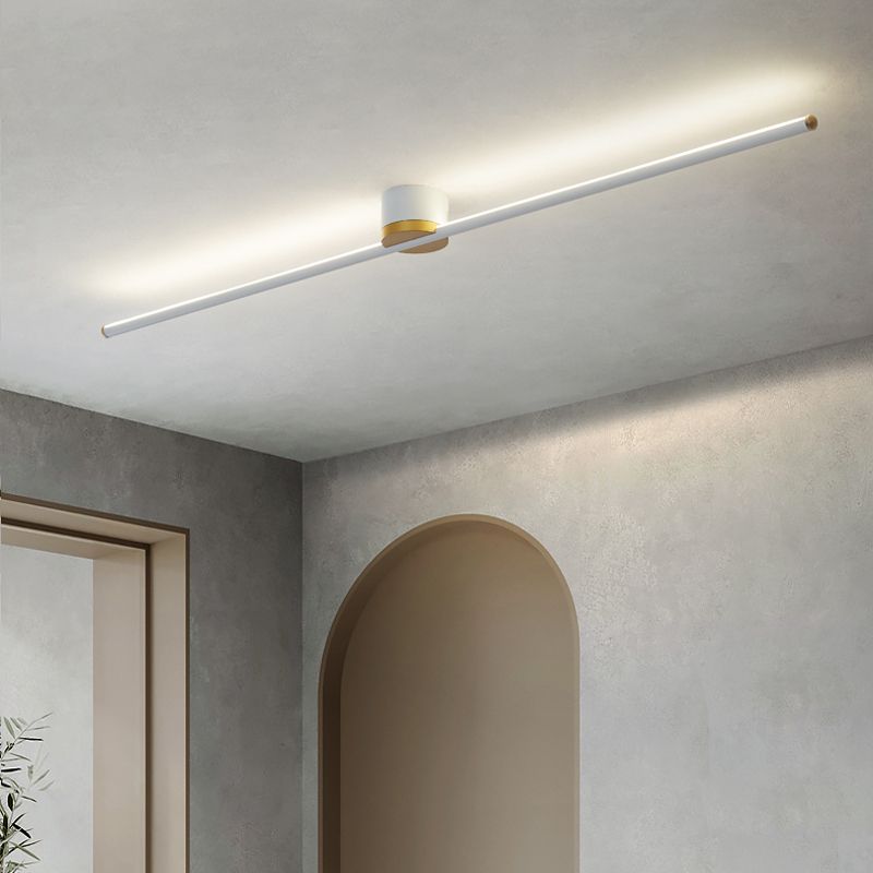 Flush mount ceiling light in modern bedroom. Edge linear lighting.