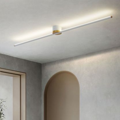 Flush mount ceiling light in modern bedroom. Edge linear lighting.