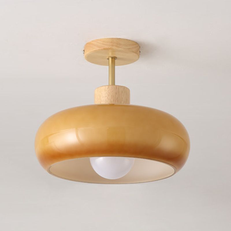 Hailie Flush Mount Light - Amber Glass, Wood Accent