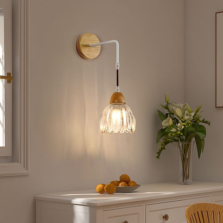 Lily Pleated Wall Lamp - Glass Shade, Wood Base