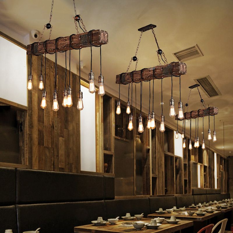 Retro wood pendant light in restaurant setting.