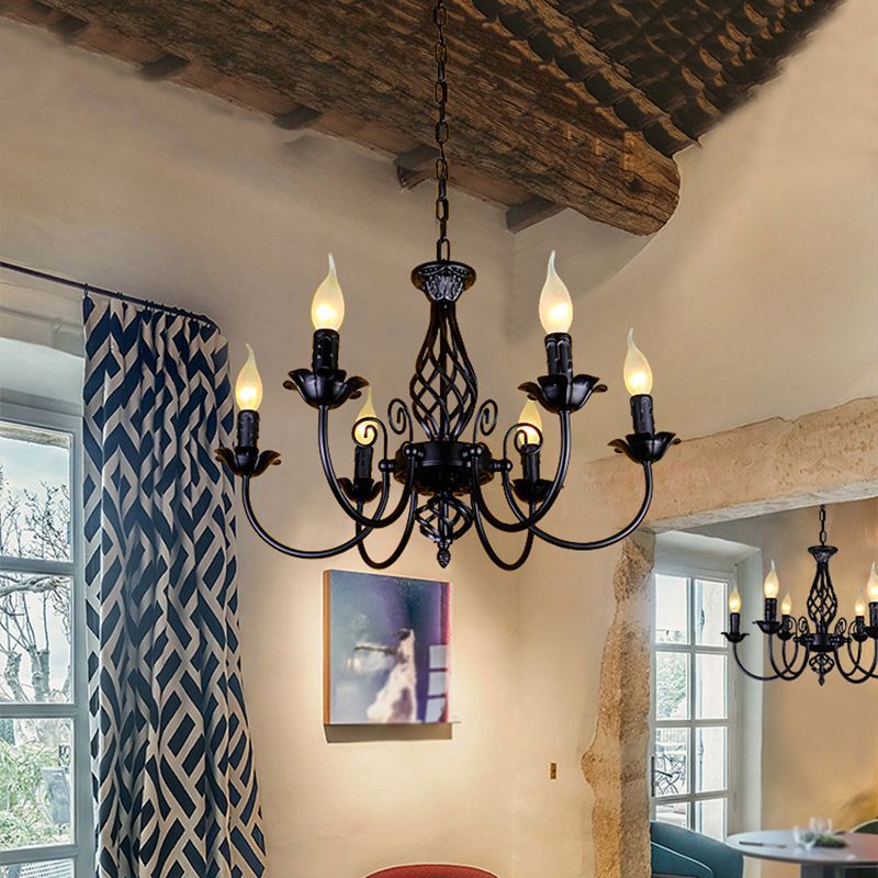 Black retro chandelier with candle-shaped bulbs, perfect for restaurant lighting