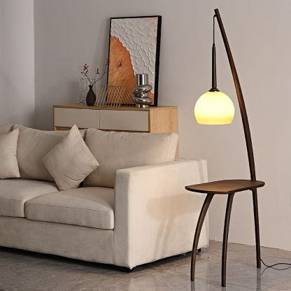 Modern wood floor lamp with table and glass dome shade
