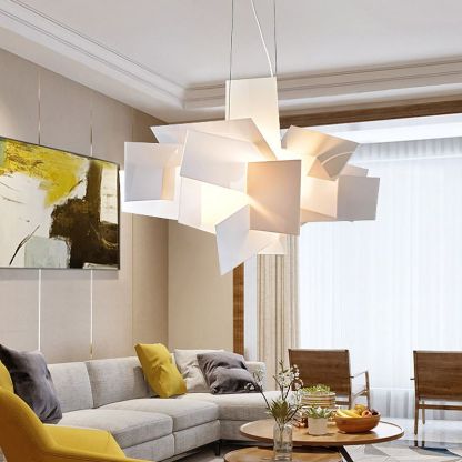 Modern white geometric pendant light in living room