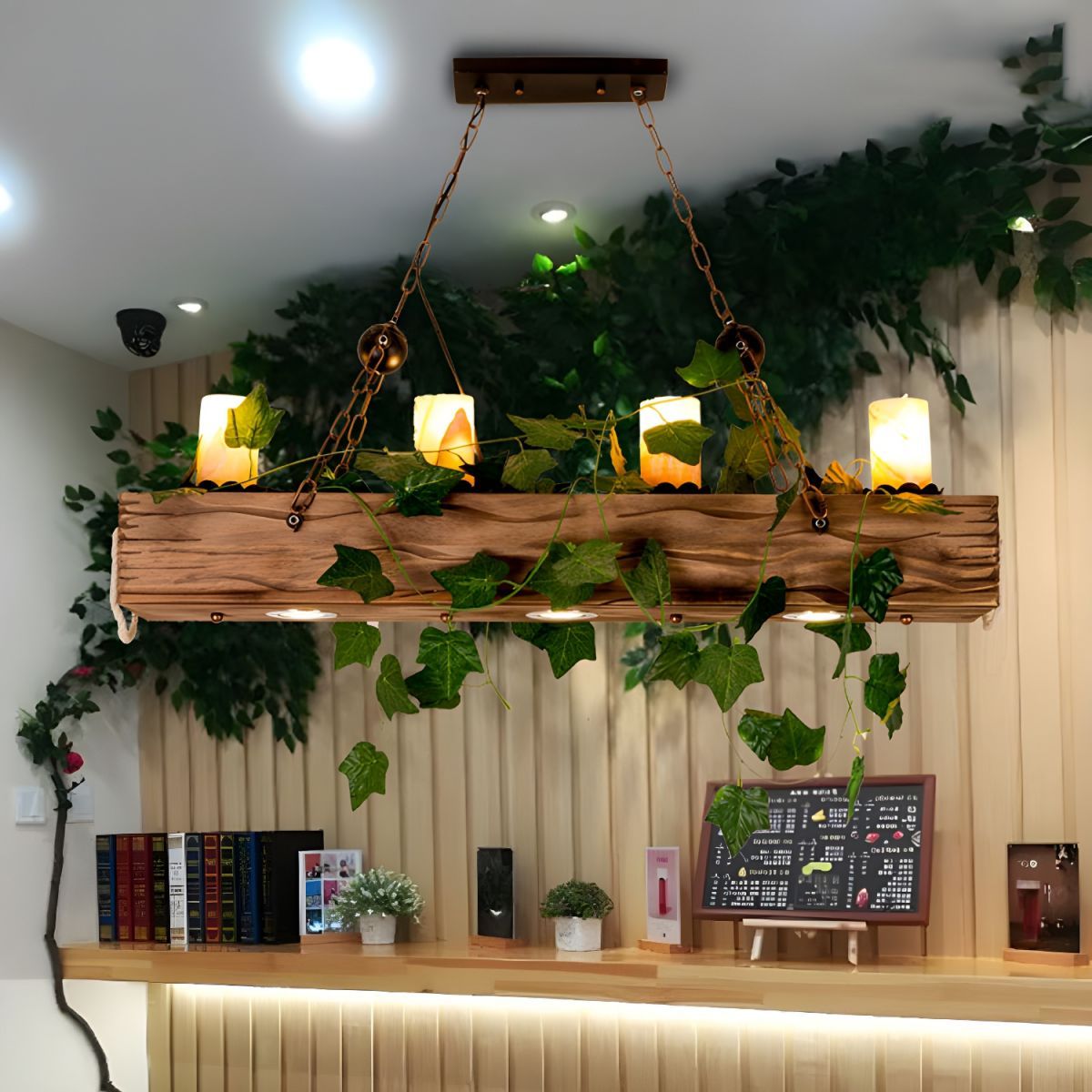 Rustic pendant light with ivy, wood and metal