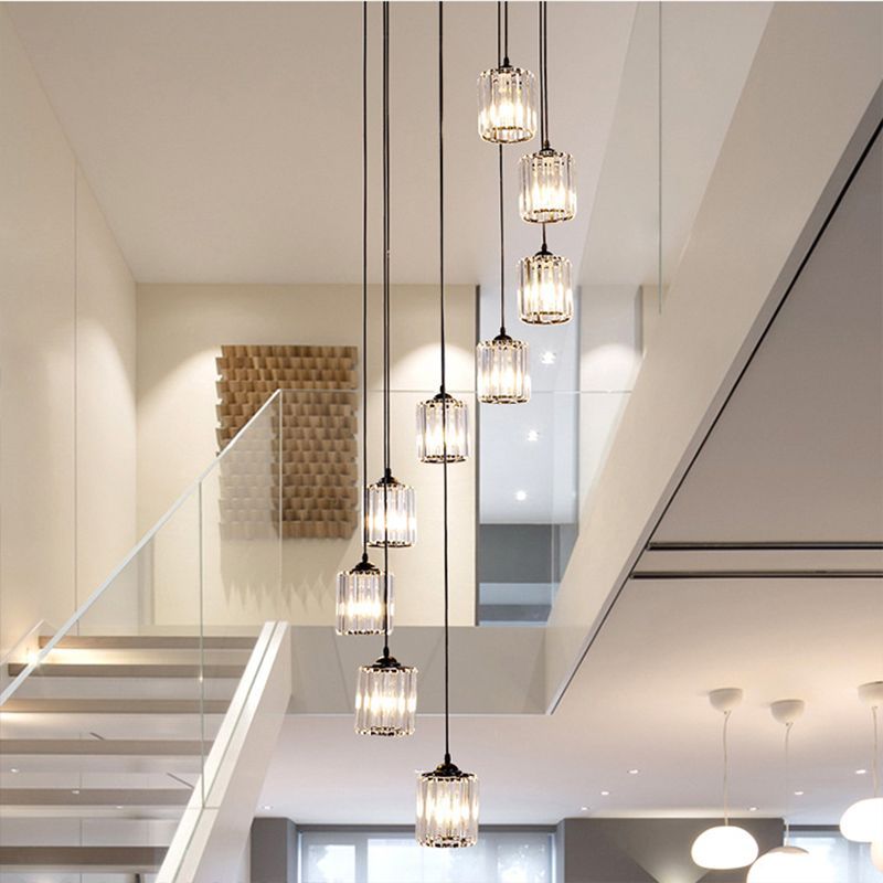Modern minimalist chandelier in living room, glass and metal design
