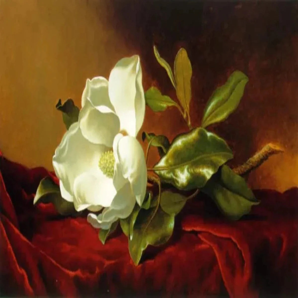 Magnolia flower oil painting on red velvet, floral wall art decor