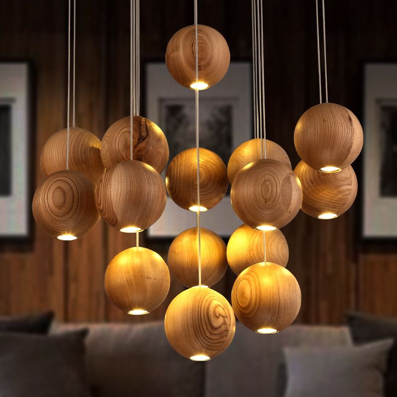 Wooden globe pendant lights cluster, minimalist design