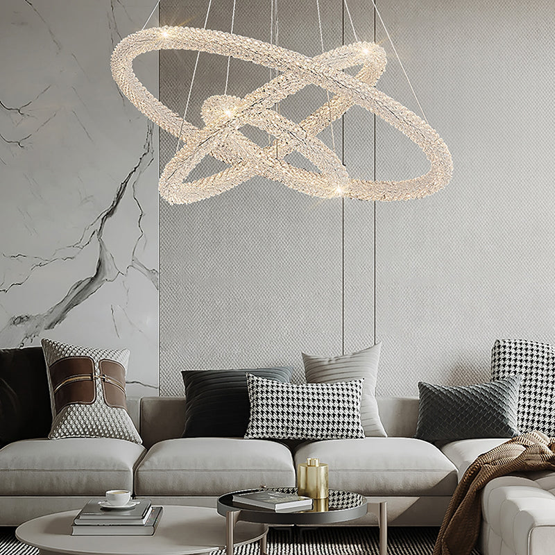 Kristy chandelier over living room sofa, modern home decor