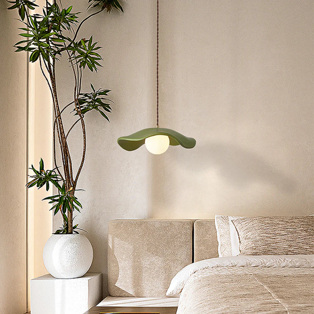 Green Byers Nordic LED Pendant Light above a bed in a bedroom