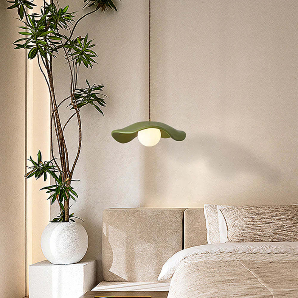 Green Byers Nordic LED Pendant Light above a bed in a bedroom