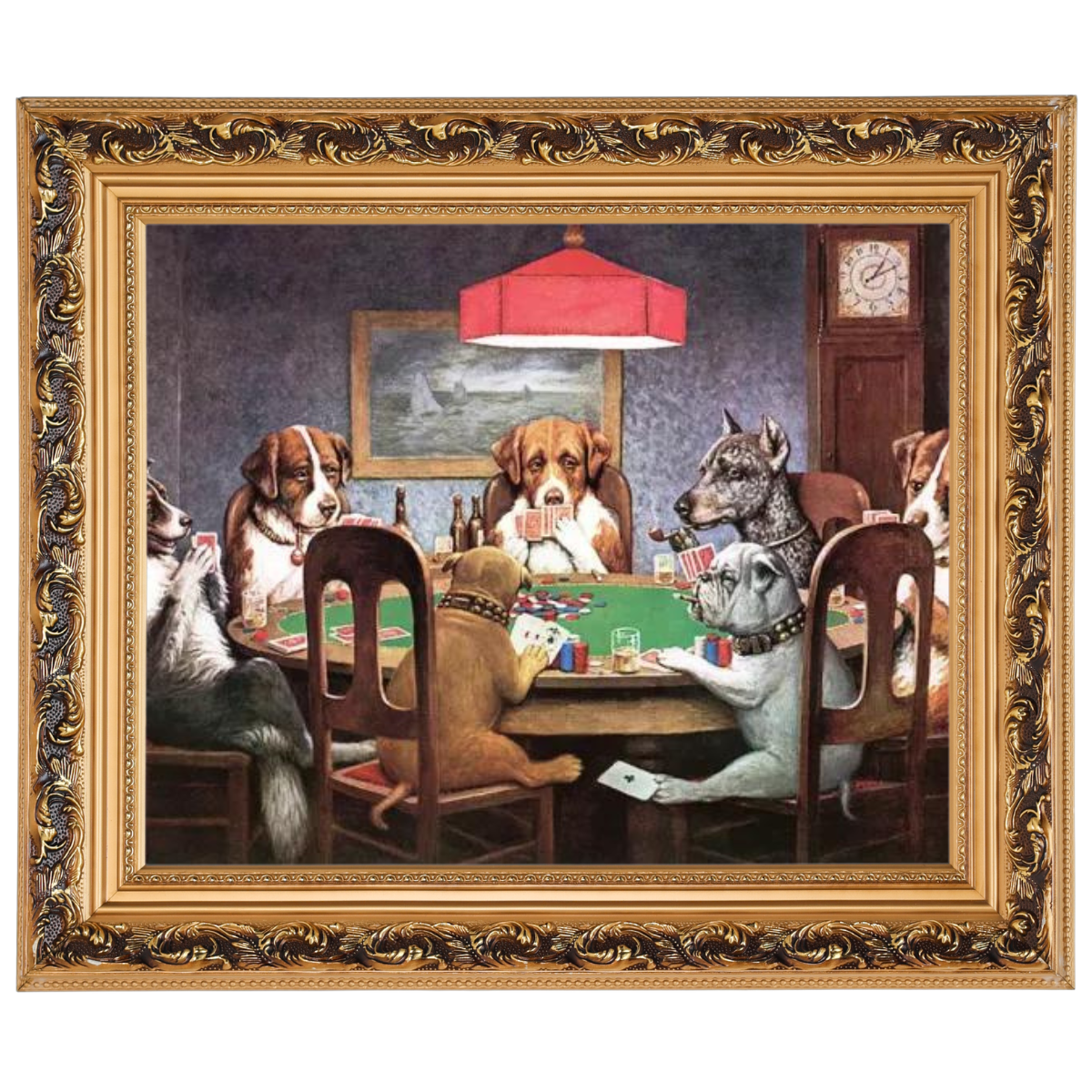 Dogs playing poker painting in ornate gold frame