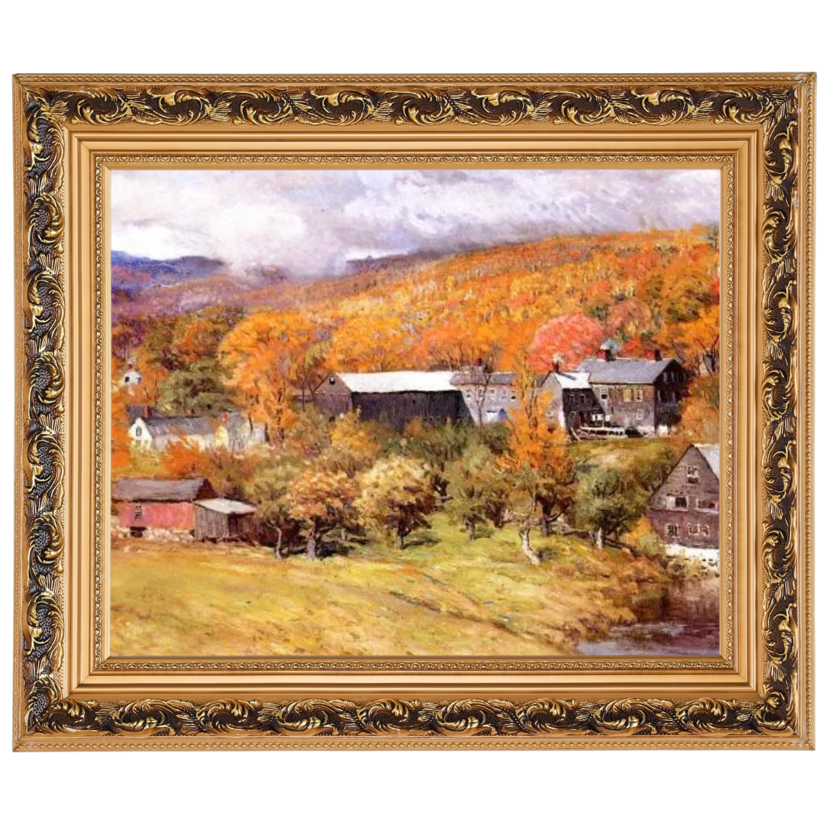 Ogunquit, Maine autumn landscape oil painting in ornate gold frame