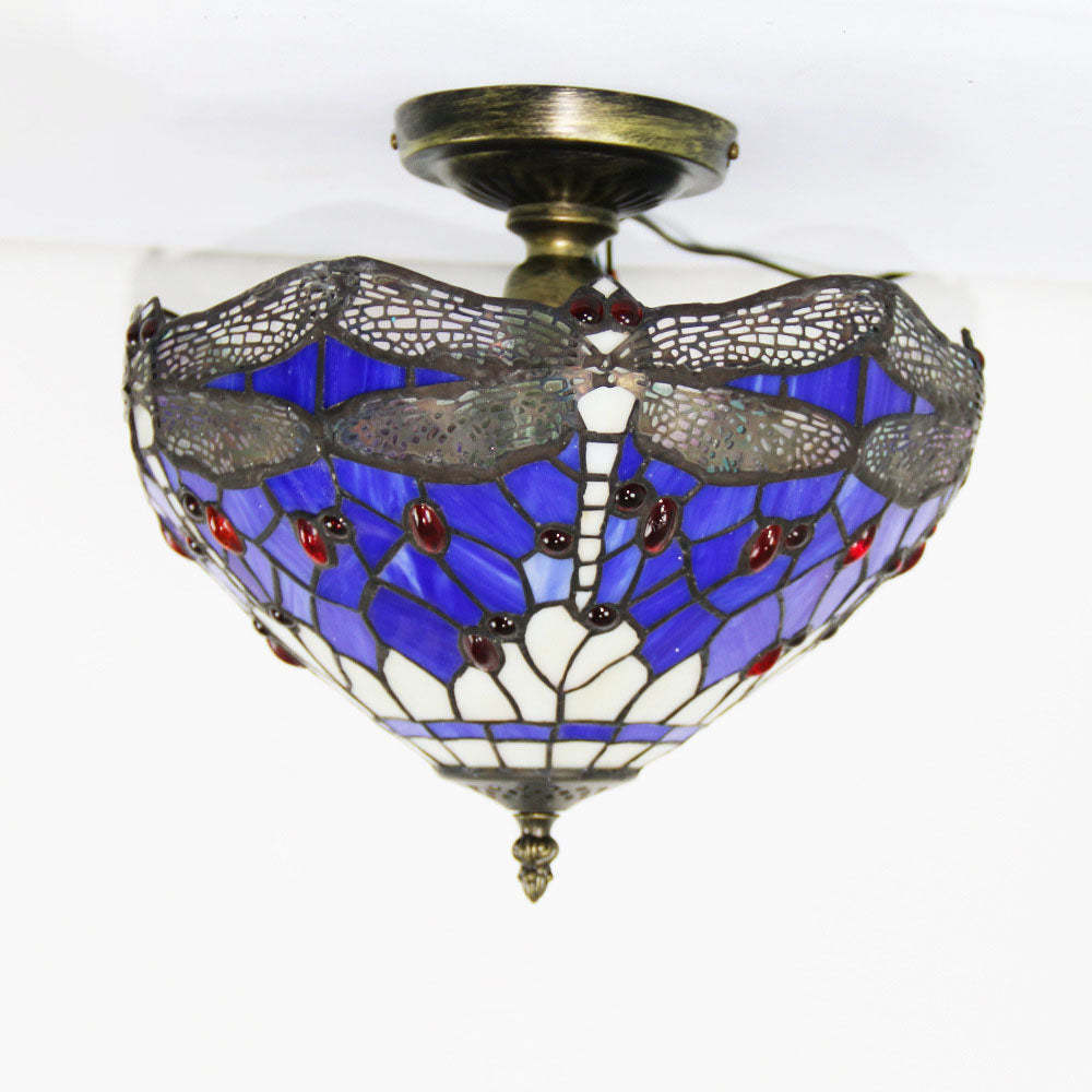 Eryn Vintage Flush Mount Ceiling Light with Blue Dragonfly Shade