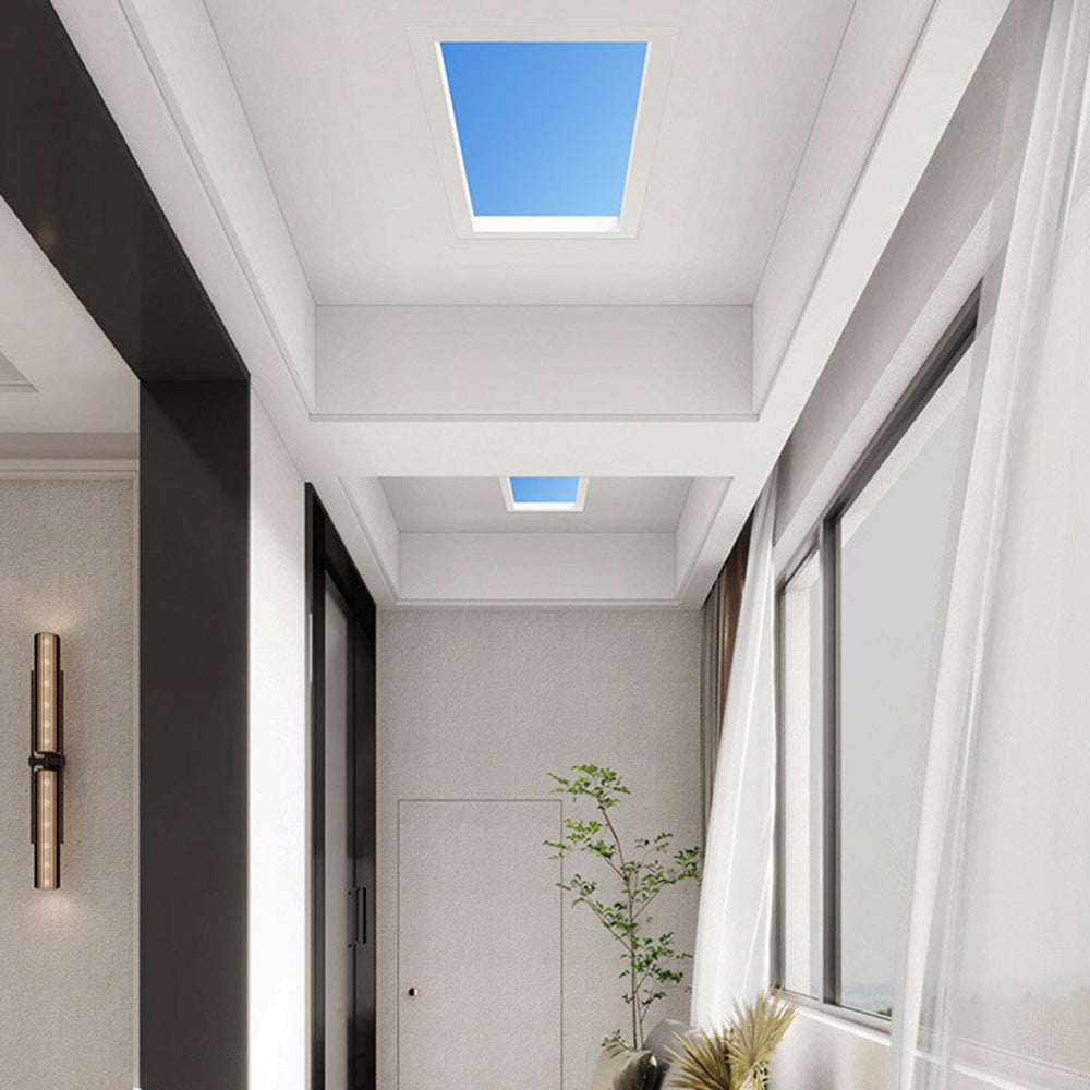 Flush mount ceiling light in hallway, blue sky