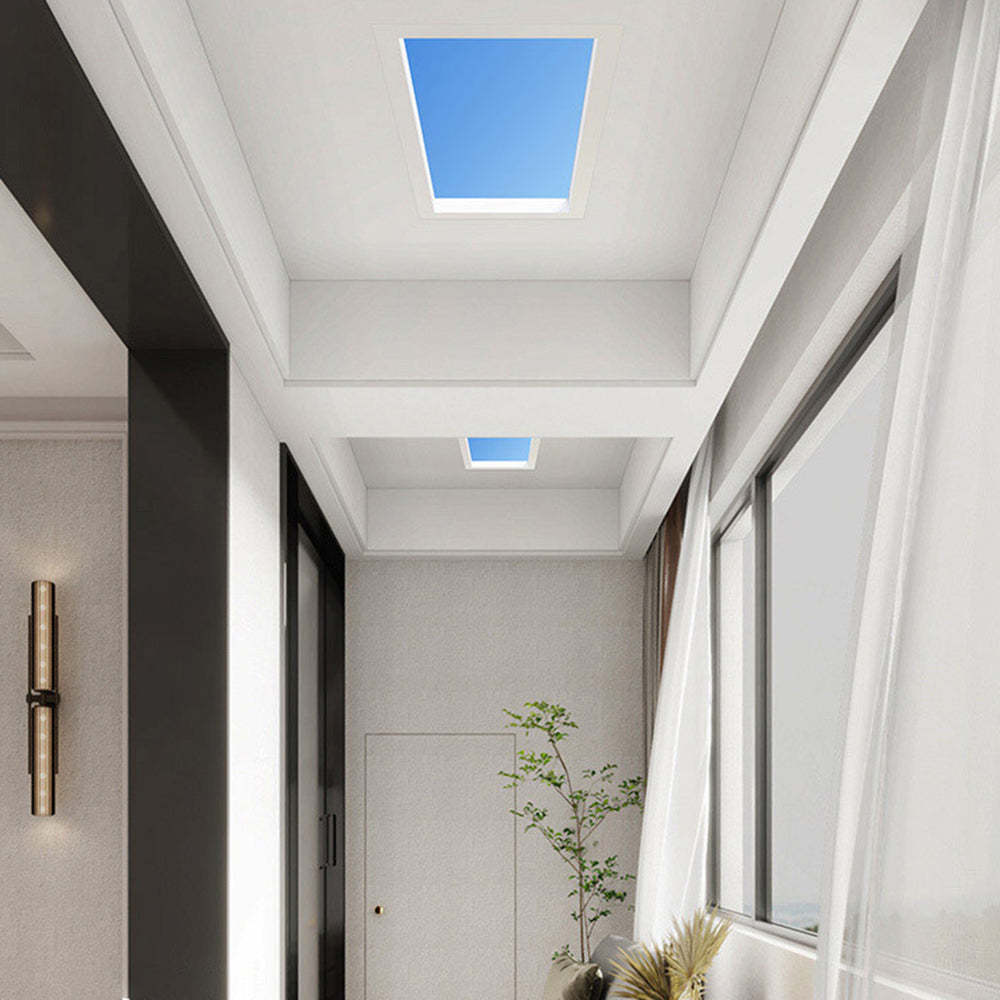 Flush mount ceiling light in hallway, blue sky