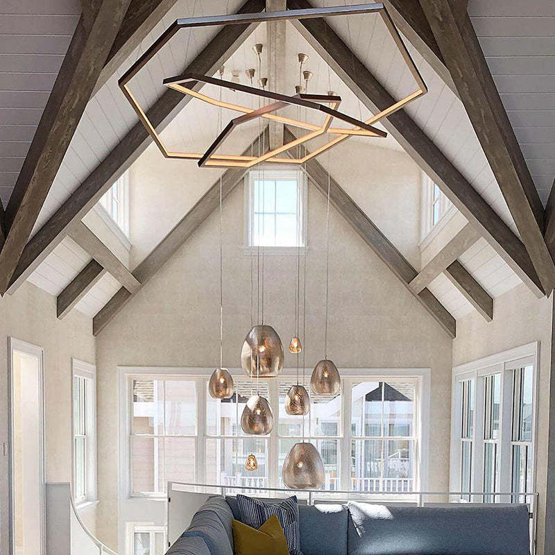 Modern living room with geometric pendant lights