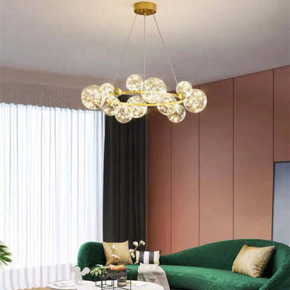 Gold Art Deco Globe Chandelier in Living Room | Las Sola Valentina Art Deco Globe Metal Glass Chandelier