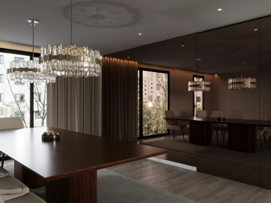 Luxurious dining space illuminated by stylish crystal chandeliers.