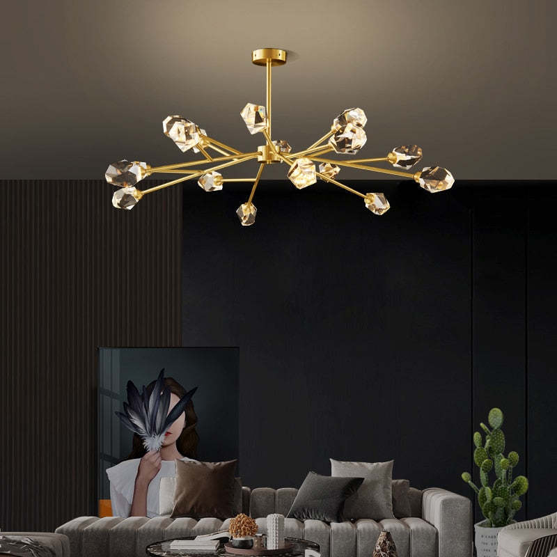 Modern crystal chandelier over living room sofa