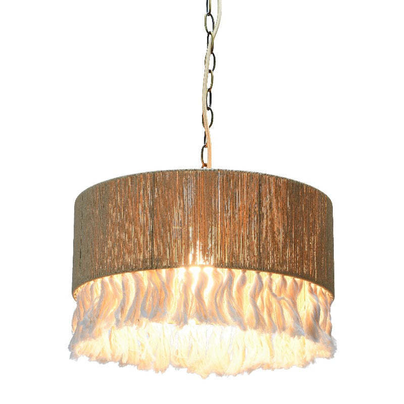 Ritta pendant light with rope and fringe shade, drum shape
