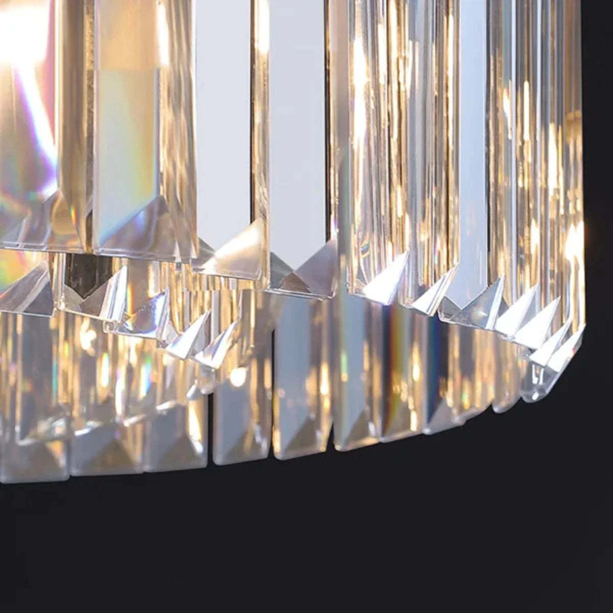 Close-up of Marilyn Crystal Chandelier prisms, crystal light reflection