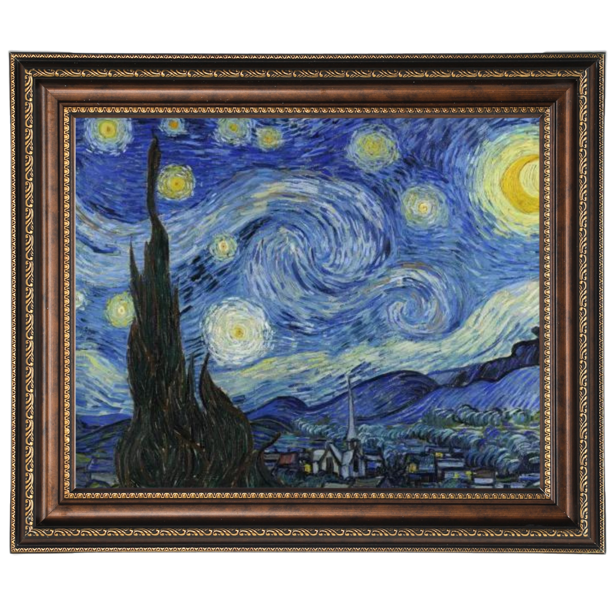 Van Gogh's Starry Night painting in a decorative frame
