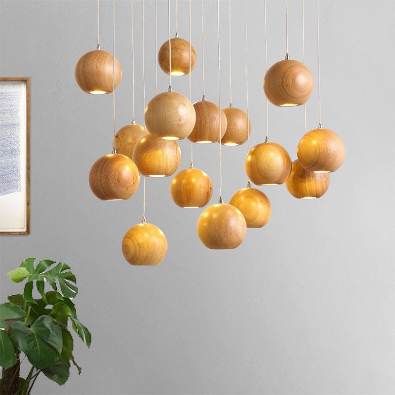 Ozawa Pendant Light Wood Globes Cluster
