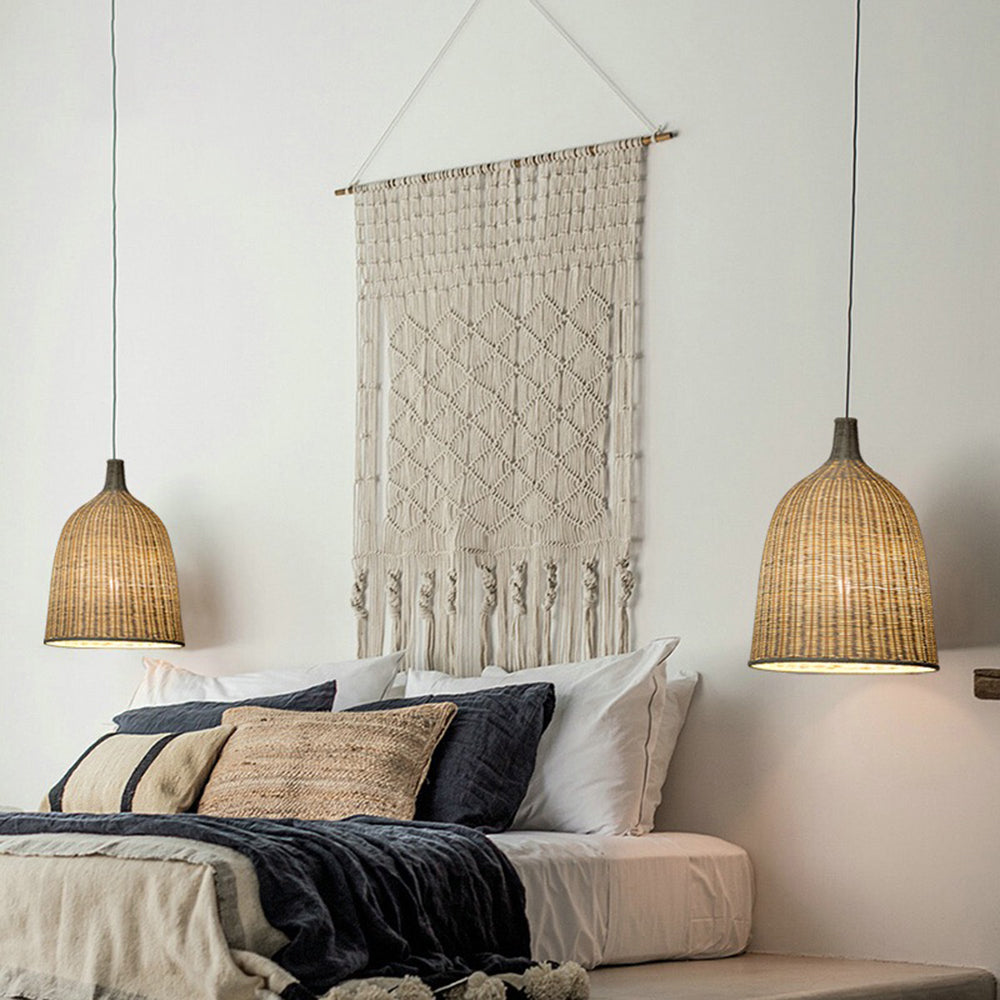 Rattan pendant lights above bed, cozy bedroom lighting