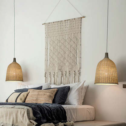Rattan pendant lights above bed, cozy bedroom lighting