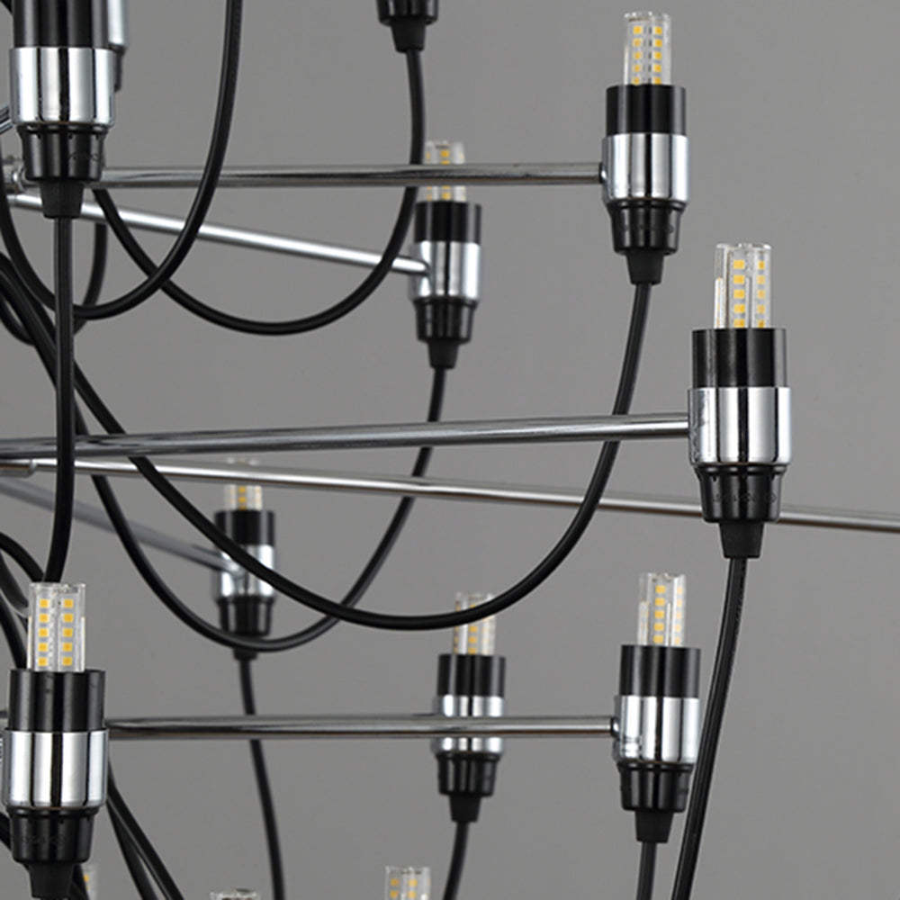 Metal frame of Alessio Chandelier with LED bulbs. Retro lighting fixture.