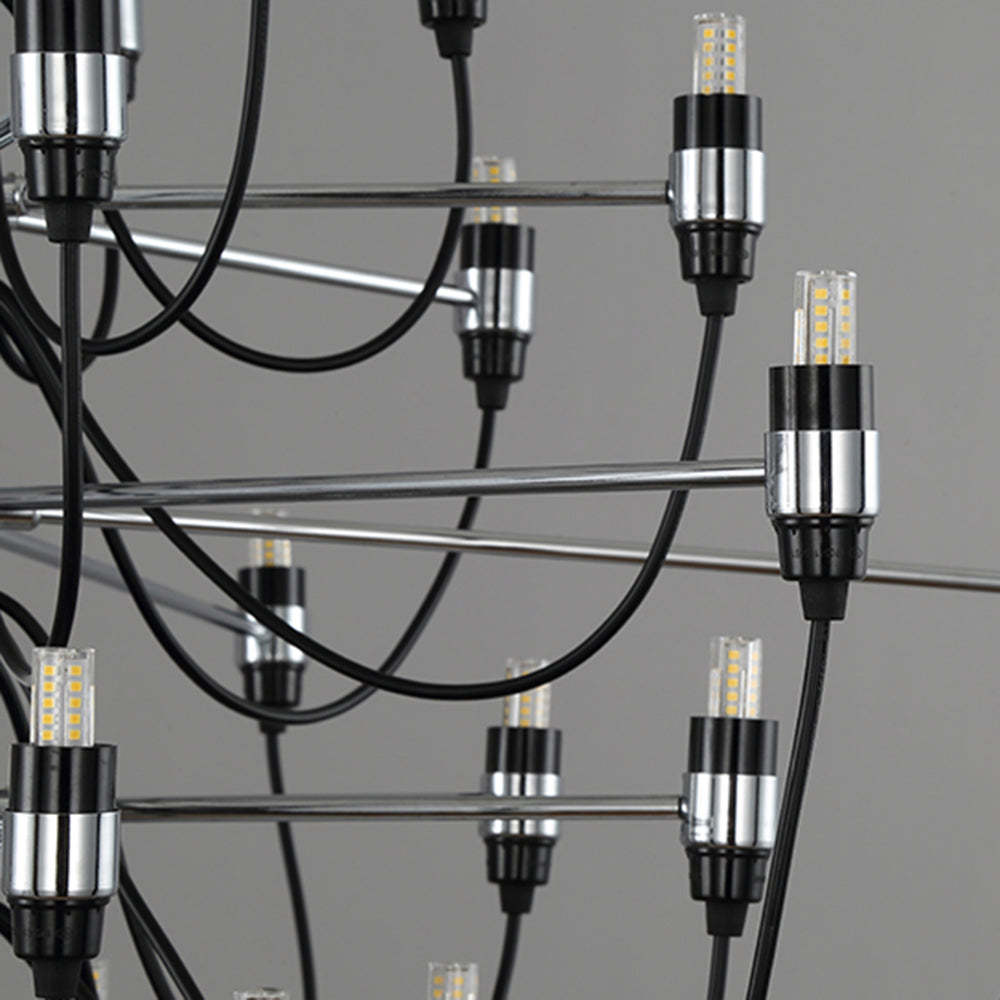 Metal frame of Alessio Chandelier with LED bulbs. Retro lighting fixture.