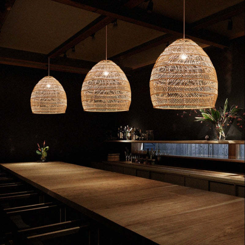 Muto Rattan Bamboo Pendant Lights in Dining Setting