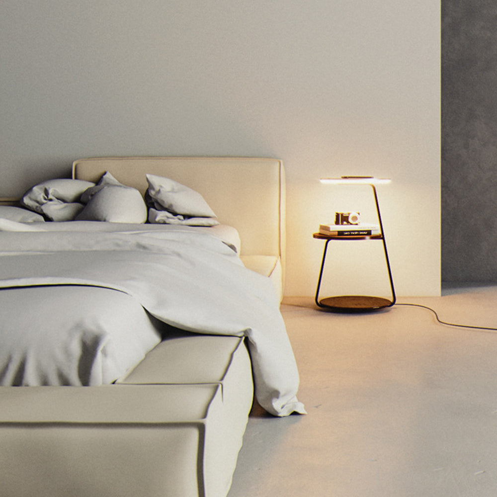 Ozawa wood floor lamp with table next to bed Ozawa Natural Round Wood Floor Lamp With Table Bedroom