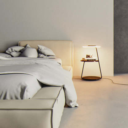 Ozawa wood floor lamp with table next to bed Ozawa Natural Round Wood Floor Lamp With Table Bedroom