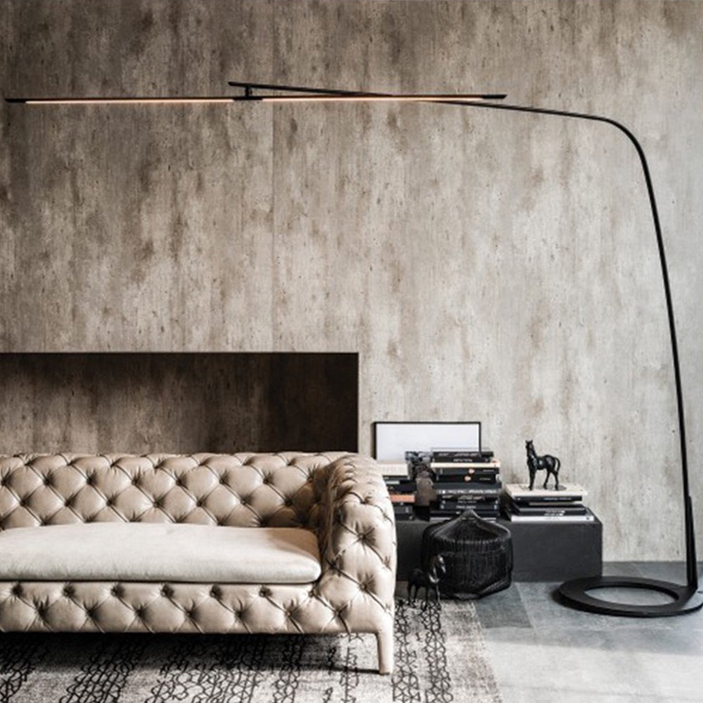 Modern black floor lamp in living room, minimalist design