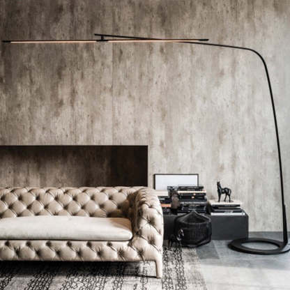 Modern black floor lamp in living room, minimalist design