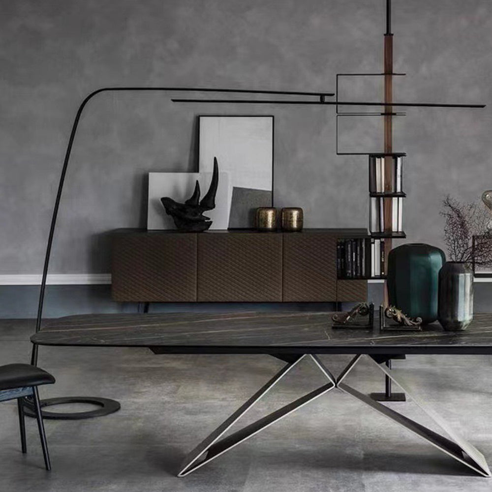 Modern black floor lamp in minimalist room. 