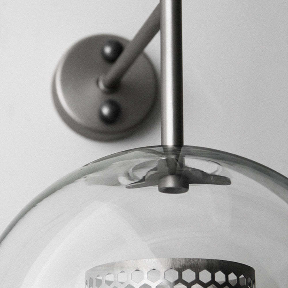Close-up of Oneal industrial wall lamp detail, metal and glass