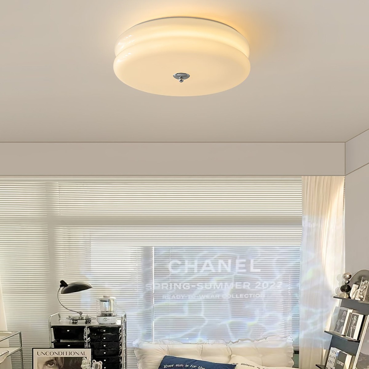 Morandi Round Flush Mount Ceiling Light in bedroom setting