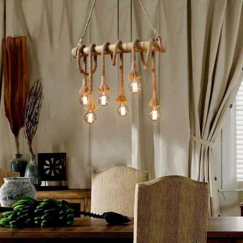 Rustic Alessio pendant light over dining table. Alessio Vintage Wood/Rope Pendant Light, Farmhouse, Living Room