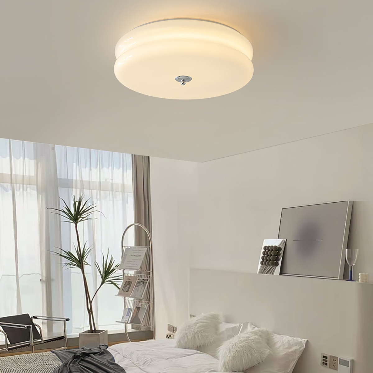 Morandi Round Flush Mount Ceiling Light in a bedroom setting